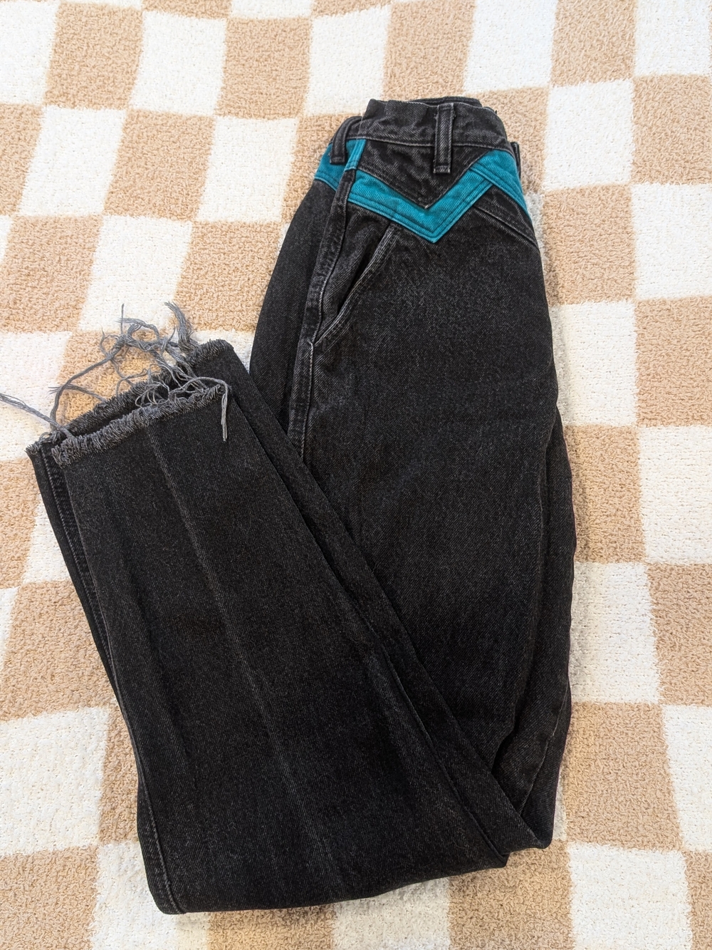 Silverlake/Vintage Wrangler High-Rise Black Jeans with Teal Chevron Waist Detail